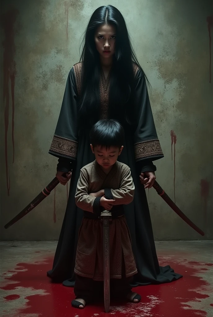 Chinese, very cute beautiful woman, killer stuck a knife in his throat of a boy blindfold bloody in n eck sadism