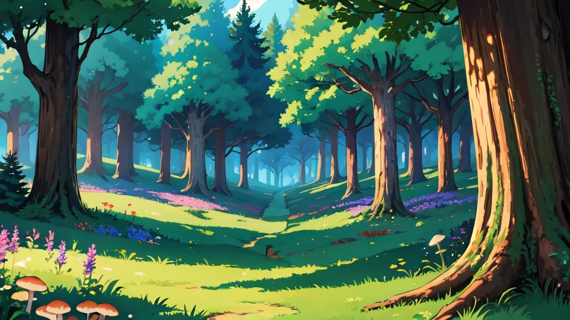 ((Ablaze)), Desenho animado bonito fantasia fada forest inside com trilhas e árvores em um dia ensolarado, forest plants, pretty fairy mushrooms, beautiful wildflowers, detailded, detailed background artwork, mobile game background, fundo do jogo, 2D game art background, forest background, scenery art detailded, landscape artwork, mobile game art, 2d game background, anime background art, forest clearing landscape, Anime rural landscape, forest inside, elf forest background, forest setting, detailed game art, 4K