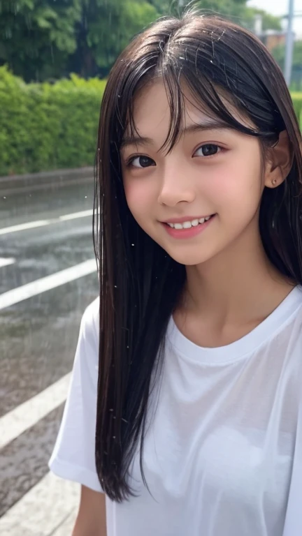 Highest quality、Realistic、、zoom、、Girl、look up、cute、Light grey eyes、Black Hair、Long Hair、boyish、Tanned brown skin、Dark Skin、Plain white T-shirt、heavy rain、Heavy Rain、Soaked from head to toe、Wet Hair、Wet Face、Wet body、A wet, clingy shirt、Shy and smiling bust shot、thin