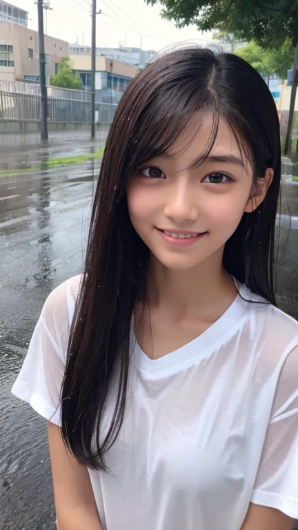 Highest quality、Realistic、、zoom、、Girl、look up、cute、Light grey eyes、Black Hair、Long Hair、boyish、Tanned brown skin、Dark Skin、Plain white T-shirt、heavy rain、Heavy Rain、Soaked from head to toe、Wet Hair、Wet Face、Wet body、A wet, clingy shirt、Shy and smiling bust shot、thin