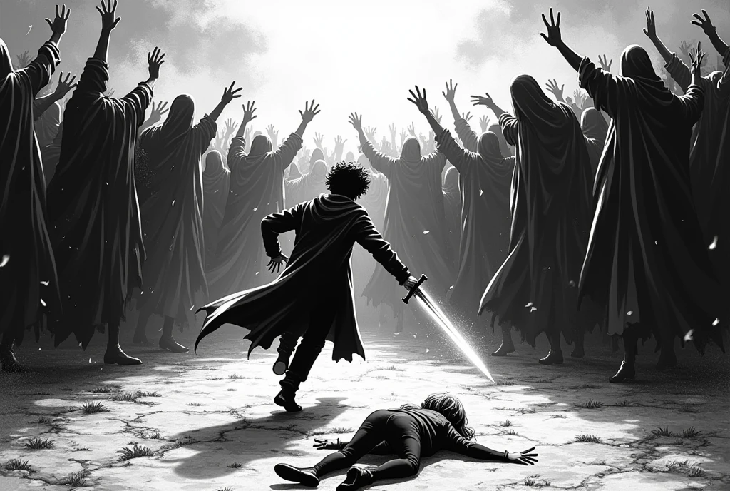 monochrome horror action manga panel which depicts: a cinematic back view shot from a ground-level camera, dynamic tilted camera, tilted horizon, dutch angle, harry potter, seen from the back, rushing against a massive crowd of dementors, massive crowd of dementors standing on the ground, massive crowd of dementors floating around harry and the girl, harry brandishes a glowing sword in his left hand, harry wields a wand on the right hand, the thip of the wand is glowing, an unconscious girl laying unconscious on the foreground with her back to the camera, outdoors, dramatic composition with perspective and foreshortening, rule of thirds, the vanishing point is at the lower left corner of the image