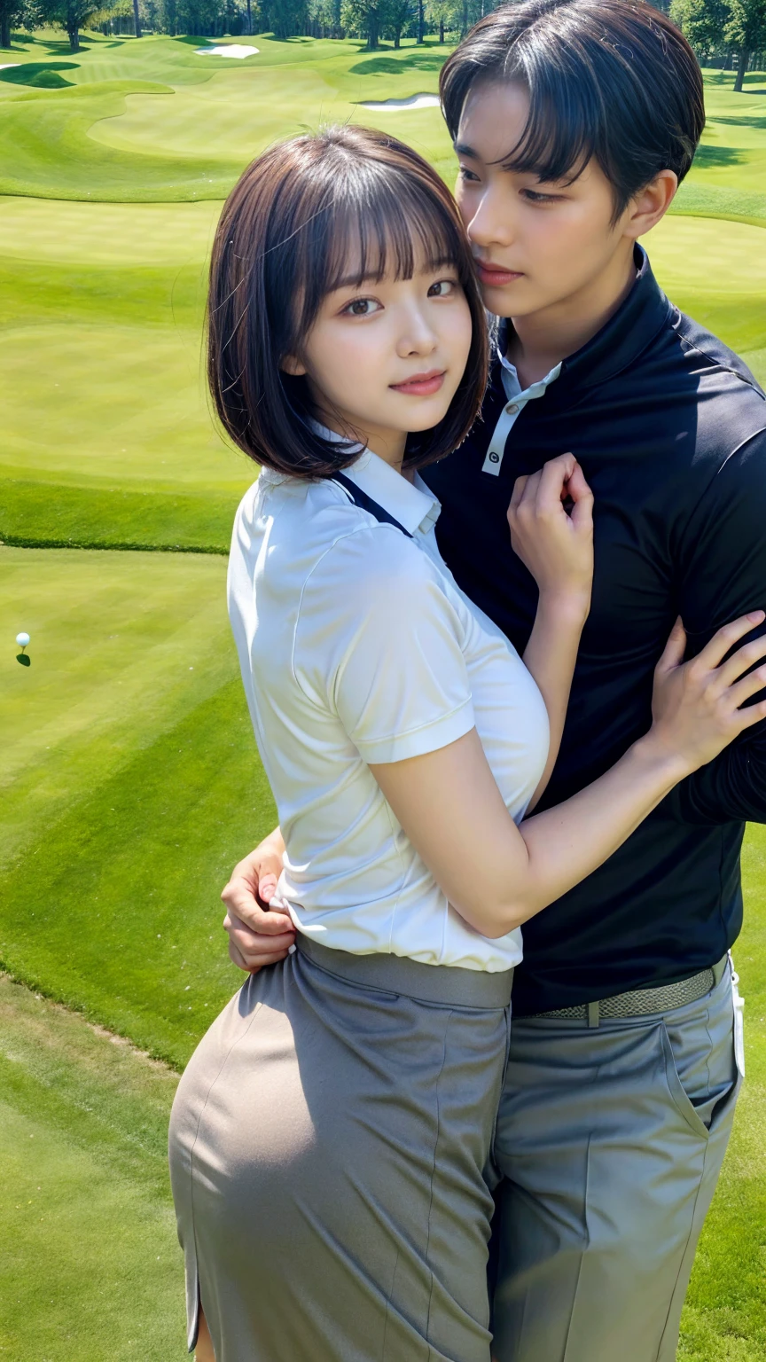 1 young office lady being hugged from back by 1 man:1.2,close to each other:1.1), (man's hand touching her breast:1.1),very cute face,bob cut,white skin-tight golf uniform,embarrassed,golf course,perfect anatomy, masterpiece, best quality,8k,perfect face,from front,upper body