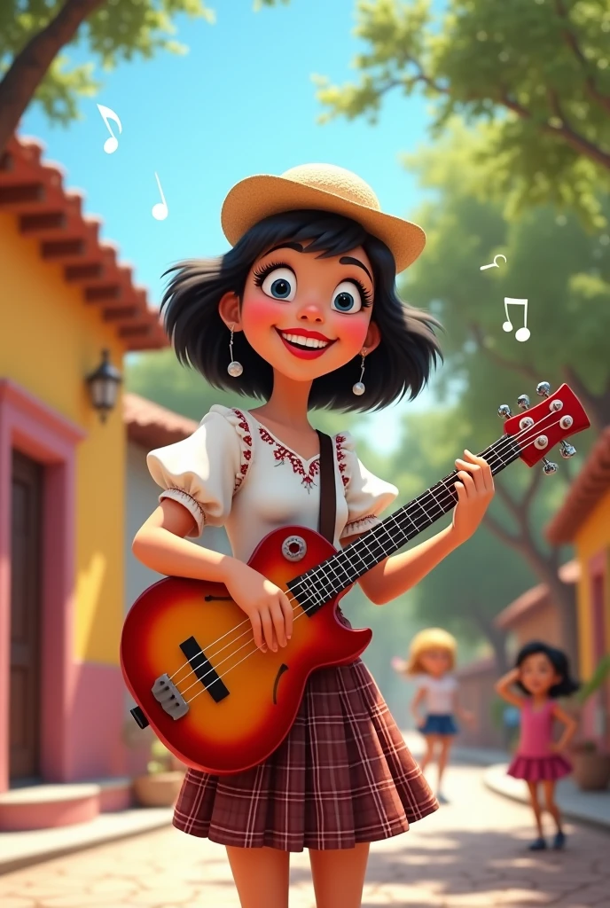  Chiquinha from El Chavo del Ocho playing the bass guitar in her classic outfit. 


