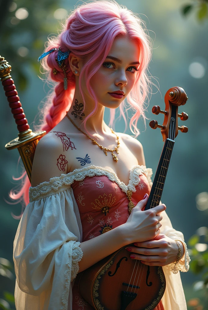 A very beautiful and young girl, Her hair is extremely pink and she has two blue streaks, Your skin is white and delicate, and it has red magical symbols on your shoulders and neck that are like tattoos., Her clothes are very elegant and chic, demonstrating wealth, She is the daughter of a fairy and carries with her her lute and two beautiful delicate swords. She is a bard and loves music., She always has her mandolin in her hands and her beautiful swords on her back and her face has a glow on her cheeks and under her eyes