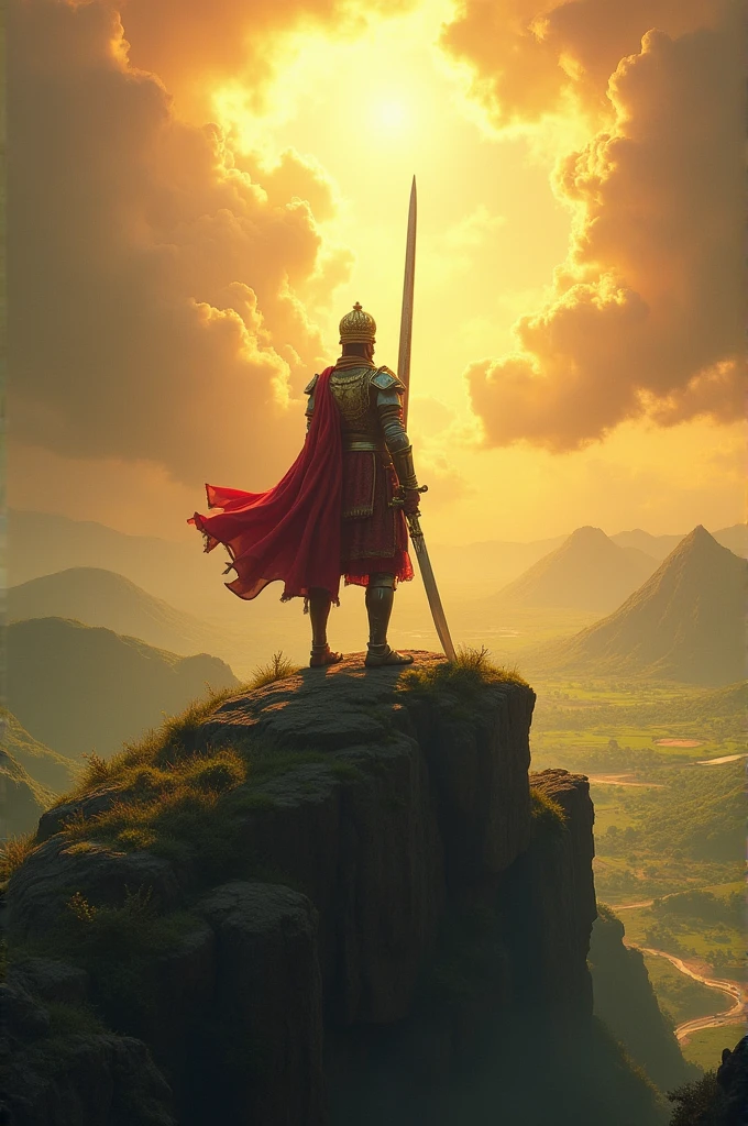 A powerful scene showing Maharana Pratap standing tall on a hilltop with his sword raised high, overlooking the vast expanse of his kingdom. The sky behind him is dramatic, with clouds parting to reveal a golden light, symbolizing his undying spirit