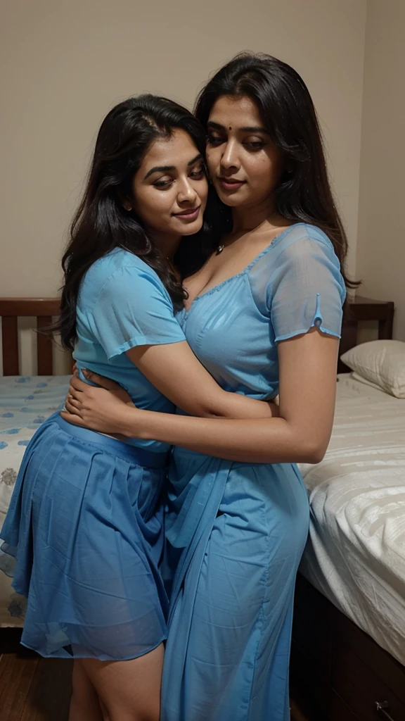 A 25 year old beautiful South Indian plus sized blue colour chiffon skirt and blue colour chiffon blouse wearing group of women hugging and kissing a 48 year old man in bed room, 