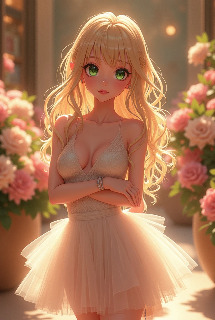 melancholic lighting, anime girl, sexy, hot, calm, glow, masterpiece, best quality, 1girl, (JinxLol:1.2), (ultra photorealistic:1.3), (MASTERPIECE:1.4), best quality, ((realistic)), high quality, ultra detailed, ((Live Image)), ((realistic skin)), ((realistic face)), (illustration:1.05), (beautiful:1.05), (beautiful detailed eyes:1.05), (cinematic light :1.1), Full body, anime of precise proportions, 18 year old girl, curvy model going shopping, standing in luxury stores showing her BIG ROUND ASS, BLONDE hair blowing in the wind, tulle, long legs, feet slightly open, buttocks, blush, shyness, clavicle, green eyes, abs, double weave, beautiful and delicate face, fair skin, real skin, (face detail), pores, super high resolution, 8k, parameters Best quality, masterpiece, super high resolution, (Realistic 2.0), More details, detailed skin, beautiful dress showing curves, wide smile, white teeth, voluminous BLONDE curly hair, PERFECT WELL DESIGNED eyes, even, bride, beautiful, beauty, flowers, studio lighting. from the Candy Candy anime