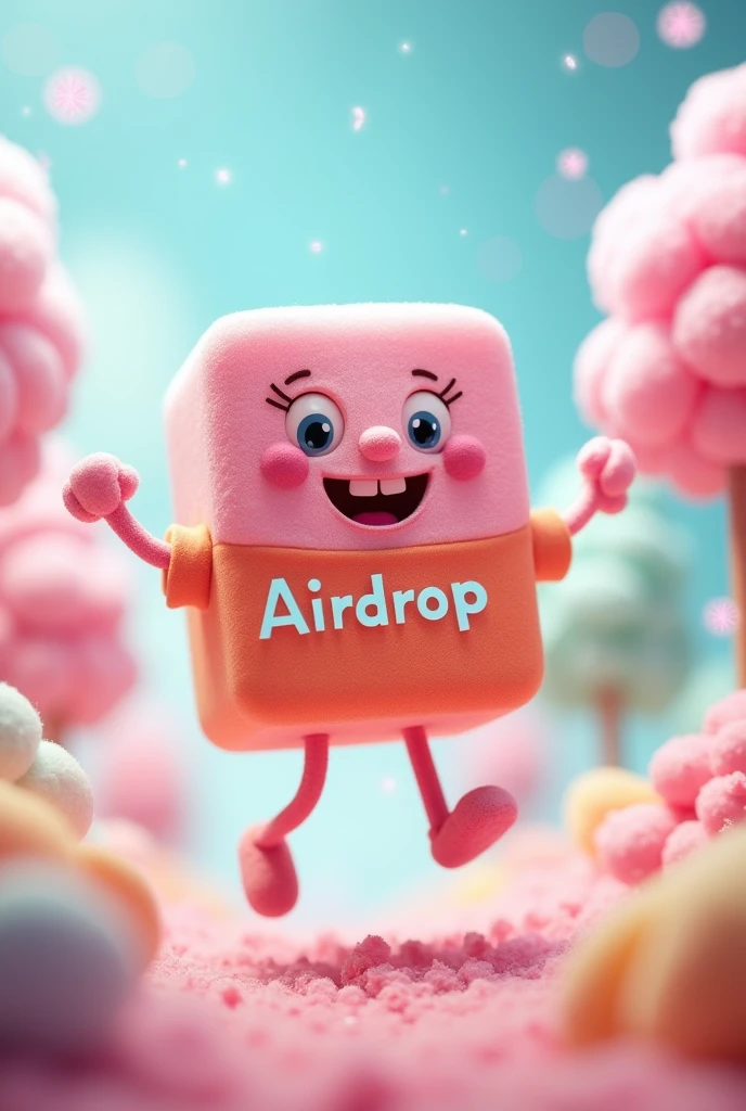 The sugar cube has eyes, nose, arms, legs and the word Airdrop on the shirt.
