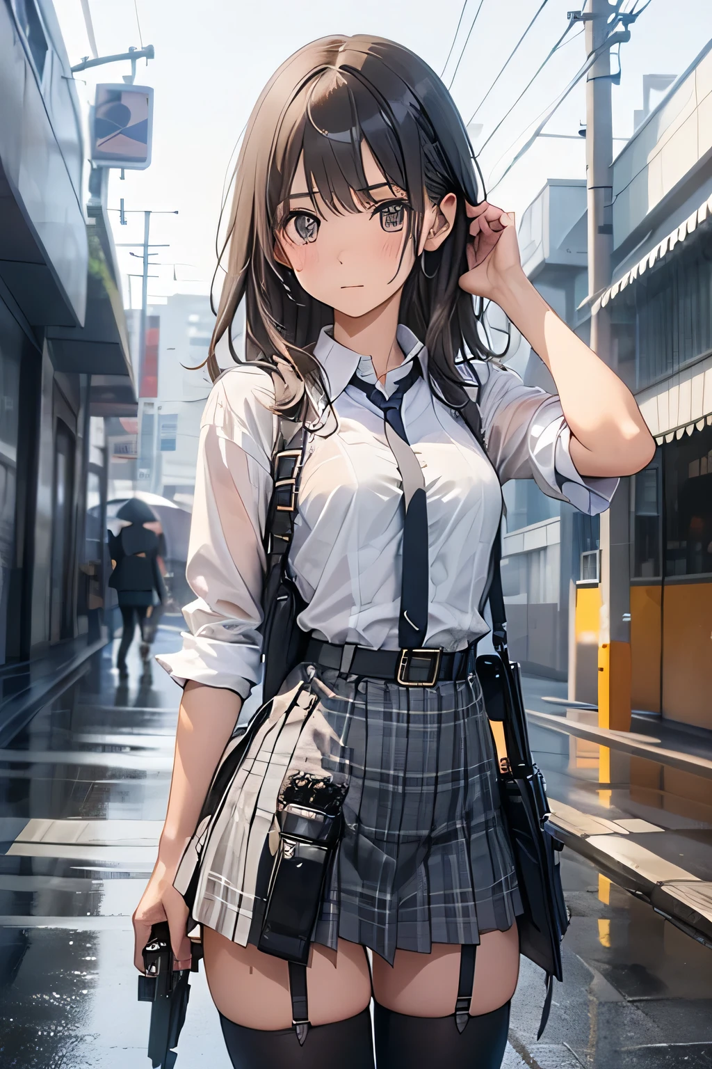 1 female, , high quality, masterpiece, Ultra-high resolution, Cinema Lighting, 1 female, , high quality, masterpiece, Ultra-high resolution, , Cinema Lighting, suspenders Moderate breasts Small face Looking up Sweat Thin belt buzzer 脇Sweat garter belt Belt on pants holster Hands behind your back Looking up Anxious face Knee-high Knee socks Knee-highソックス garter ふとももにgarter belt Checkered mini skirt Panty shot Skirt gap Armament holster holster Hands behind your back Anxious expression Anxious face, legs apart Armament Leg Holster holster See-through clothing heavy rain Rain-soaked dress shirt,Moderate breasts ガーターbelt suspenders Garter on the thigh Checkered mini skirt Looking up Pause belt Armpit sweat Hands behind back Raise your hands