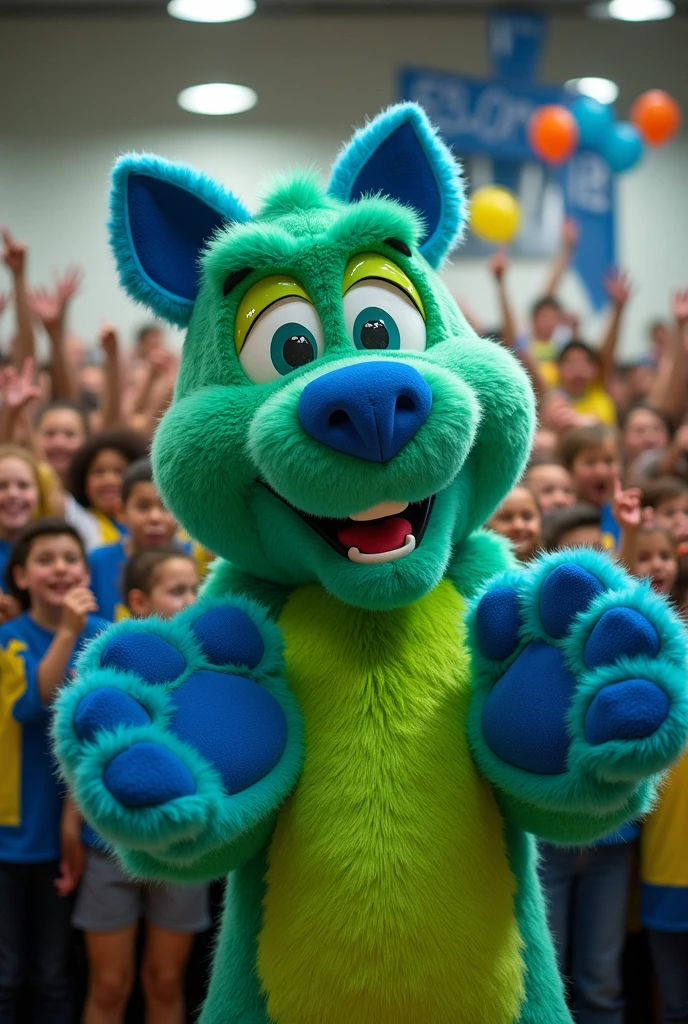 A school mascot with green and blue colors