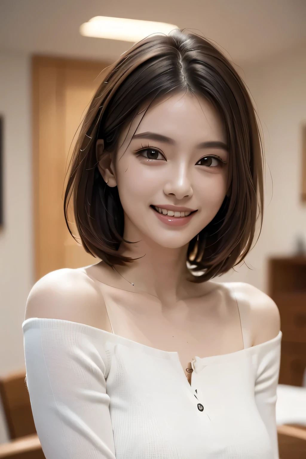 (8k, RAW photo, top quality, masterpiece: 1.4), (realistic, photorealistic: 1.4), 1 girl, Japan, woman, night, natural lighting, photon mapping, indoor, double eyelid, high resolution, natural high definition skin, long eyelashes, natural high definition eyes, high definition teeth, 25 years old, professional lighting, intricate detailed, middle breasts、blurry background、revealing cleavage、smile、blouse、short hair