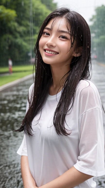 Highest quality、Realistic、、zoom、、Girl、look up、cute、Light grey eyes、Black Hair、Long Hair、boyish、Tanned brown skin、Dark Skin、Plain white T-shirt、heavy rain、Heavy Rain、Soaked from head to toe、Wet Hair、Wet Face、Wet body、A wet, clingy shirt、Shy laugh、Large Breasts、Bust Shot、thin
