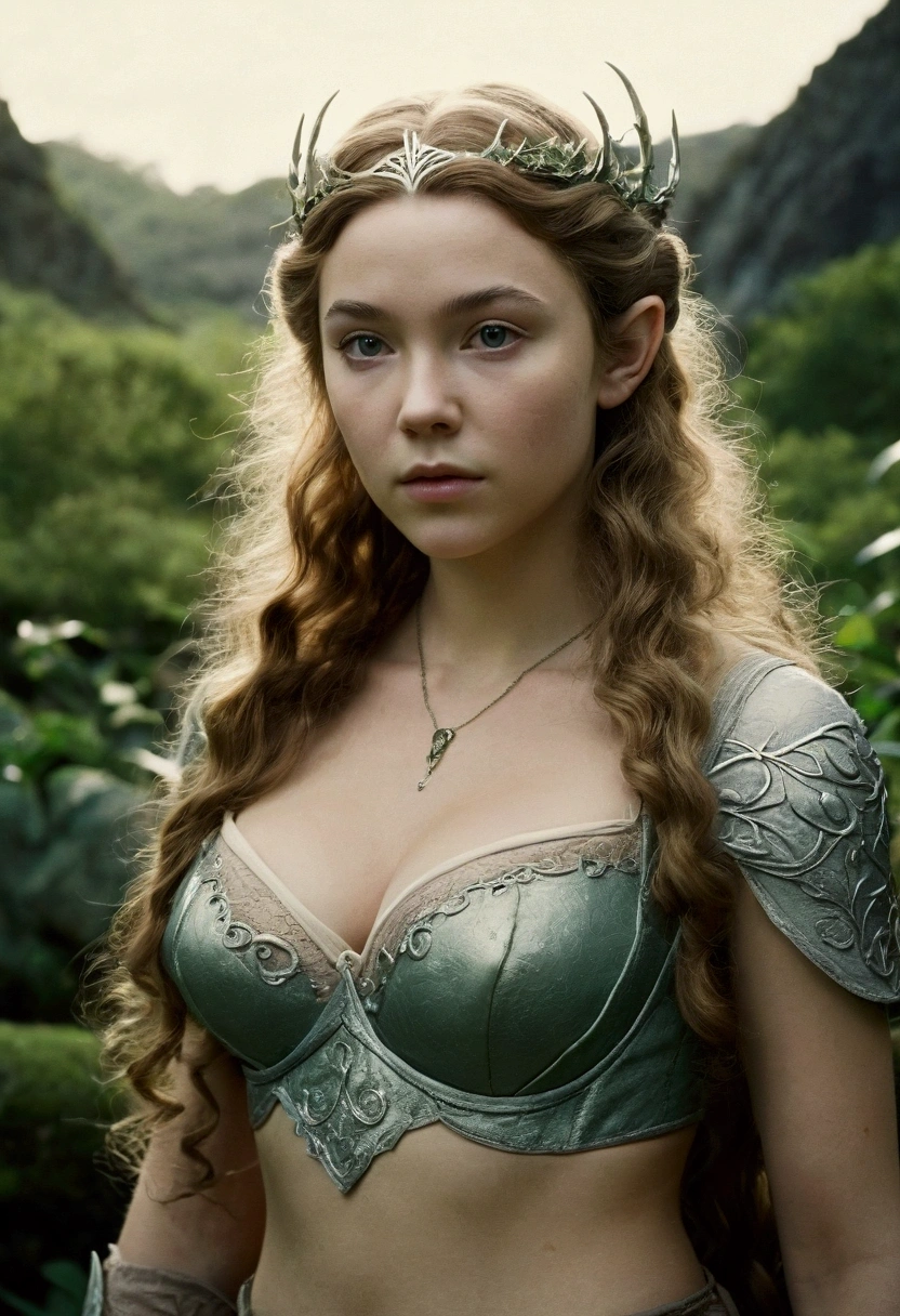 og film photo, photo of an elven maiden, 18 years old, elf ears, long wavy curls, Amazonian stature, toned hourglass figure, bustasts, waist, full wide hips, big plump buttocks, weariny bra and a lacey thong, resembles Margaery Tyrell, strolling along a fantasy landscape, RAW Photograph, dslr, soft lighting, high quality, film grain, Fujifilm XT3, detailed skin with visible pores, insane details, masterpiece, 8k, 35mm photograph, dslr, kodachrome, faded film, desaturated, grainy, vintage, Lomography, stained, highly detailed, found footage, close-up shot, elven ears