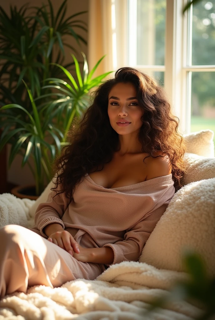(photorealism:1.2), beautiful woman, sitting on bed, wearing loose off-shoulder top, pajama pants, long curly hair, indoors, soft lighting, plants in background, window with sunlight, cozy room, relaxed pose, realistic, intricate details, warm colors, by Greg Rutkowski, by Alphonse Mucha