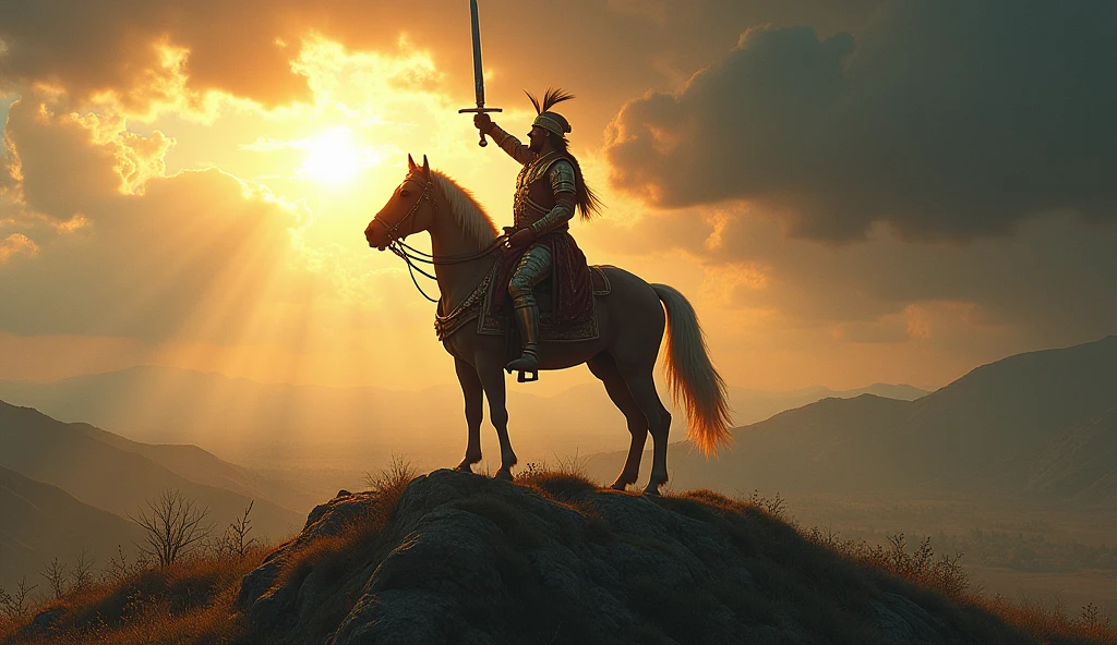 A powerful scene showing Maharana Pratap the great Indian king standing tall on a hilltop with his sword raised high, overlooking the vast expanse of his kingdom. The sky behind him is dramatic, with clouds parting to reveal a golden light, symbolizing his undying spirit