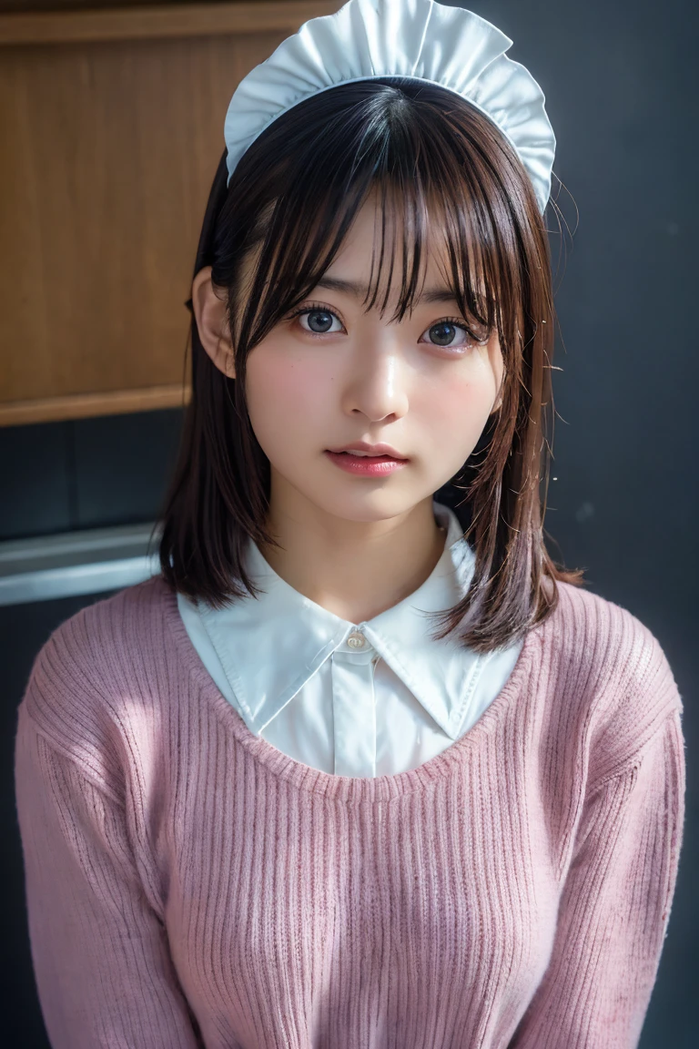 (8k, RAW Photos,highest quality, High resolution:1.1), (Ultra-realistic:1.4),(Realistic, Realistic:1.3),The Beauty of Japan、Rhythmic gymnastics club、Rhythmic Gymnastics Uniform、((Upper Body:1.3)),Maid Cafe、((Maid:1.3)),(Pink knitted sweater:1.3),Looking up、Shot from above、