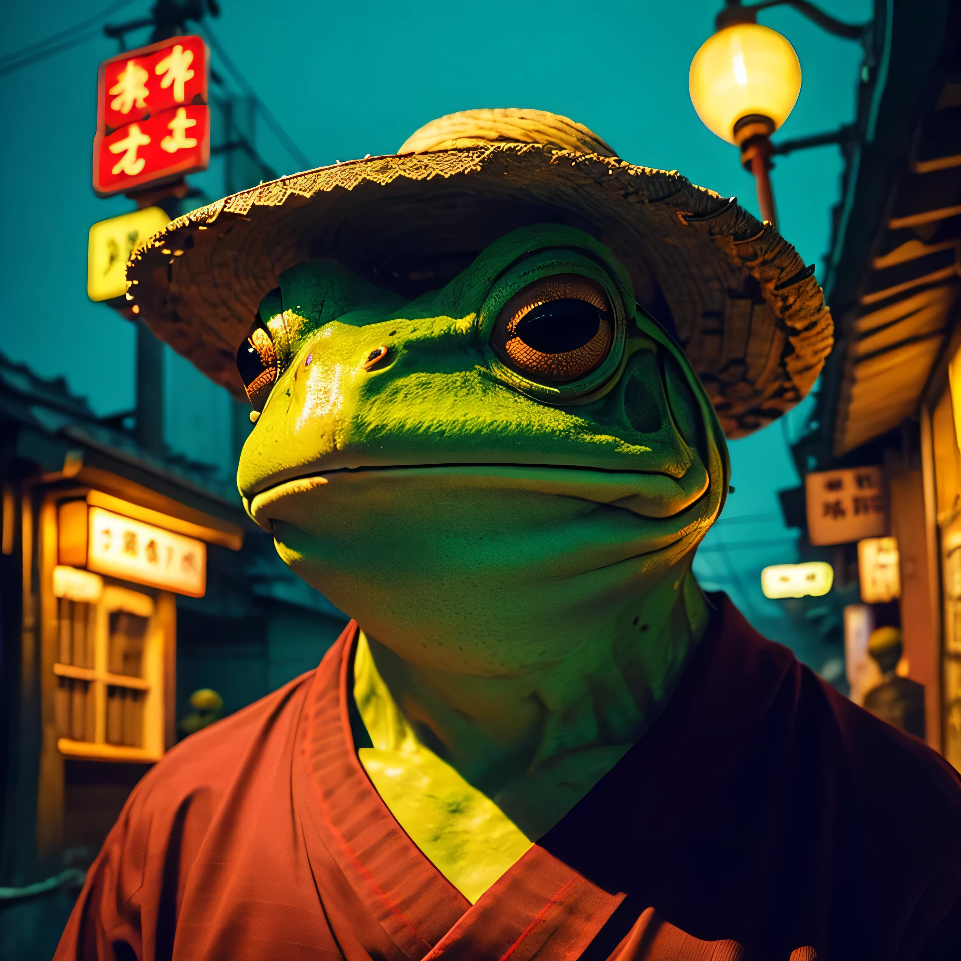 frog head, face view, psycho face, psycho expression, green frog, crazy face, pixel art, man clothes, bad, angry, psycho angry, samurai straw hat, neon lights background, colored lights, chinesse ambient, straw brown hat, cinematic view