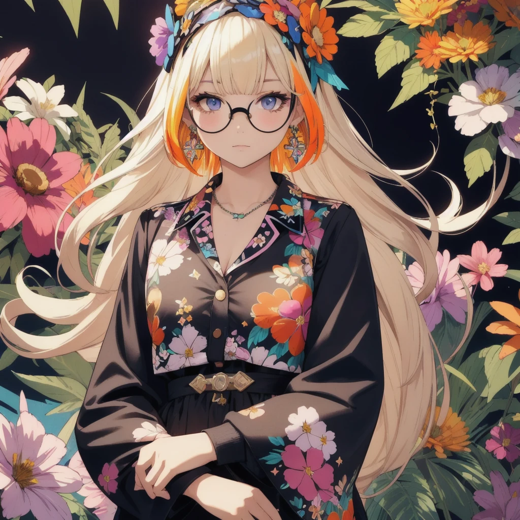 (flower crown), (single girl, solo: 1.6), (highest impact: 1.5), (maximalism: 1.7), vivid contrast, (realistic), surreal illustration, high resolution, ultra detailed, absurd, (fractal art: 1.3), random hairstyle, random hair color colorful, rainbow eyes, full body shot, retro, precise focus, random pose, cinema 4d, dramatic, black clothes, front right, surprised expression, headband, double tails, studying at table, admiration, relaxing, private room, wallpaper, wide format, (masterpiece: 1.2), best quality, on the road, solo, colored glasses, jewelry, hair accessory, looking at the viewer, black background, alone girl, short hair, blue eyes, earrings, simple background, flowers, upper body, flower in hair, orange colored glasses, sunglasses, necklace, jacket, closed mouth, floral print, bangs, blonde hair, white hair, makeup, round glasses, earrings