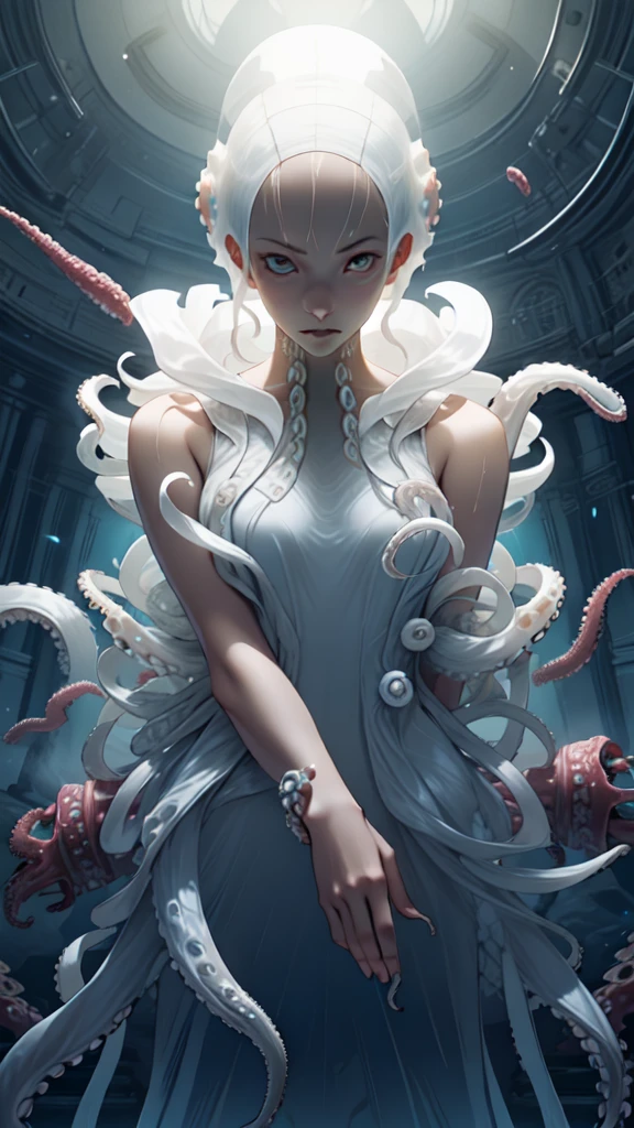 1girl, octopus white tentacles, (transparent), elegant, long white hair, (translucency), cutting-edge design, cinematic light, Biopunk AI, brilliance, look at viewer, character focus, science fiction, octopus skin, (full body), beautiful face, beautiful body, (sexually suggestive), sexy legs