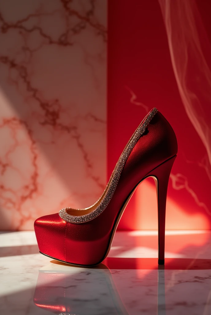 Create an illustration of a red heel, with small diamonds embedded in the edge of the heel