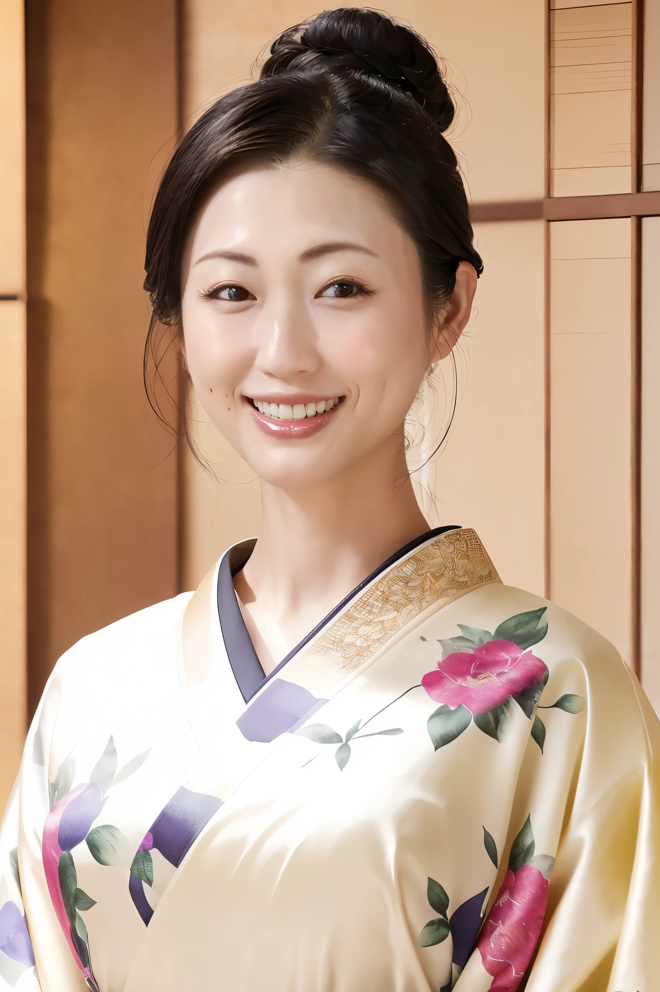 (Highest quality、Tabletop、8k、Best image quality、Award-winning works)、(One beautiful mature woman:1.1)、(Wrinkled aged face:1.1)、Adult face、(Innkeeper:1.1)、(Elegant floral kimono:1.2)、(Perfect kimono:1.3)、(Large Breasts:1.2)、Perfect mature woman portrait photo、Glowing Skin、Standing Elegantly、(Blurred elegant and exquisite perfect Japanese style room background:1.3)、(The most natural and perfect tidy Japanese style room background:1.2)、Glowing White Skin、Very white skin、(Accentuate your body lines:1.1)、(The most graceful posture:1.2)、(The biggest smile looks at me:1.2)、Perfect beautiful glossy lips、(Accurate anatomy:1.1)、(A perfect and elegant outfit:1.1)、(Standing with good posture:1.1)、(Face close-up:1.3)、(Front facing body:1.2)、(Hair Bun:1.1)