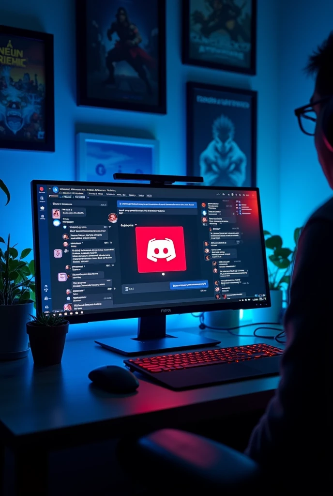 Use light blue colors with red and black details, message elements (( games and conversation)) between friends , open computer with the Discord symbol, chat conversation and games