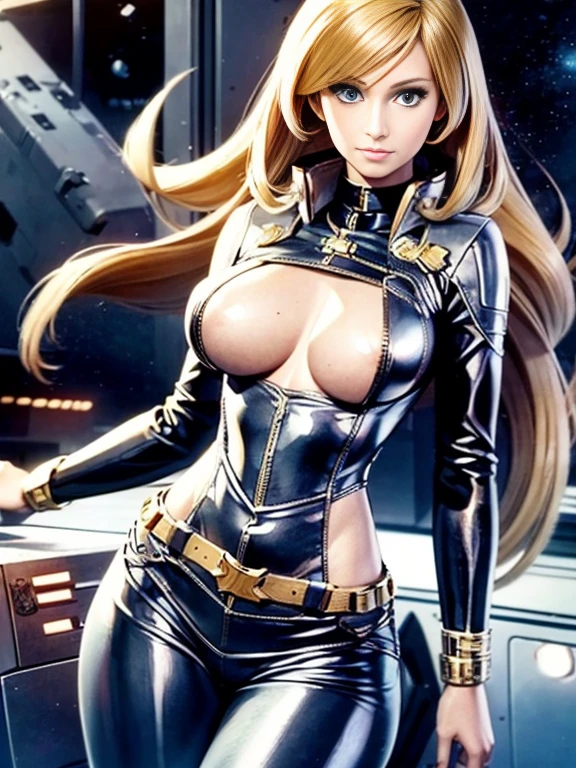 Anime style female character inspired by vintage space opera aesthetics, with elongated facial features, 165 cm tall, having blond, waist-length, wavy hair with V bangs, and blue eyes. She is wearing tight skinny jeans with high boots over them, adding an equestrian touch to her ensemble. The character's design reflects a blend of space opera elements and a realistic body proportion, highlighting her strong yet feminine presence.