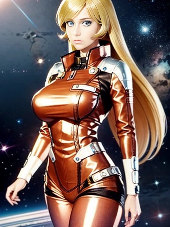 Anime style female character inspired by vintage space opera aesthetics, with elongated facial features, 165 cm tall, having blond, waist-length, wavy hair with V bangs, and blue eyes. She is wearing tight skinny jeans with high boots over them, adding an equestrian touch to her ensemble. The character's design reflects a blend of space opera elements and a realistic body proportion, highlighting her strong yet feminine presence.