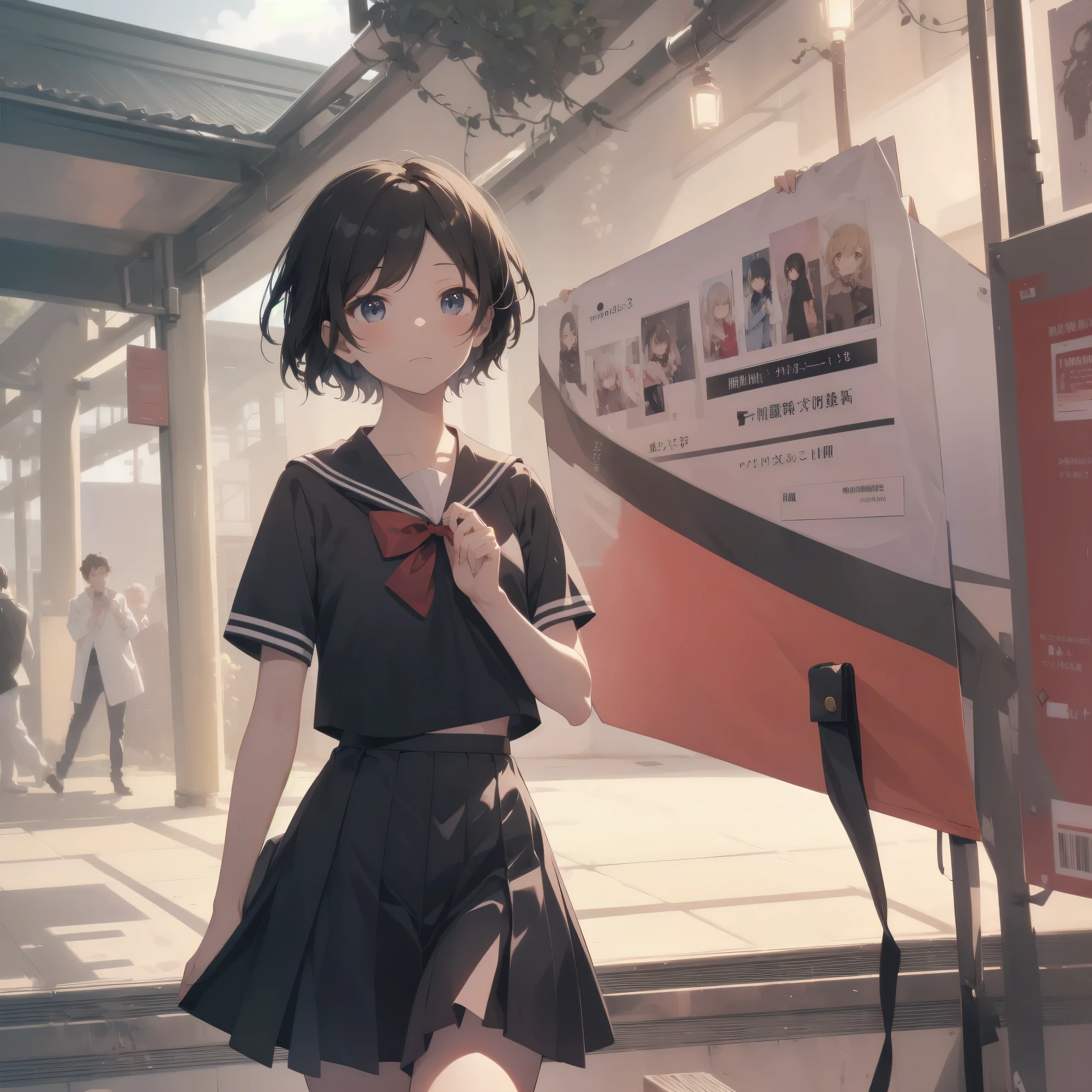 ultra-absurdres-Top quality by artist God, ultra-detailed, high resolution, anime moe artstyle, best anime 8k konachan wallpaper, pixiv contest winner, pool:2810, perfect anatomy,break, 1girl, (Please draw a girl walking sleepily to school alone. )break,(Solo,little female, 13-year-old:1.3),Full limbs, complete fingers,a junior high school student, (very short hair), short cut, flat chest, , small butt, small black eyes, beautiful detailed eyes, well-proportioned iris and pupils, expressive eyes, highres detailed hair, soft expression, salor school_uniform, sailor collar, serahuku, bow, pleated skirt,(Detailed Lighting), (Detailed background), in the School commute route. break,super detailed skin, Best cinematic lighting powered by famous artist, 8k,beauty illustration,photoshop_(medium),very aesthetic,break,((artist:izumi_tsubasu )), artist:clamp ,artist:carnelian ,artist:kantoku ,
