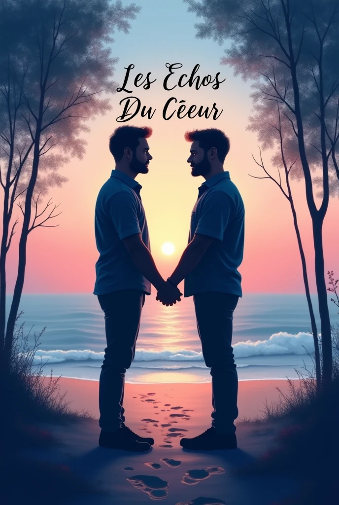 Un design avec deux silhouettes d’hommes se tenant la main ou se regardant intensément, symbolisant leur connexion profonde. Le fond pourrait être un dégradé de couleurs douces, comme des bleus et des violets, pour évoquer la sérénité et l'intensité émotionnelle avec n paysage apaisant, comme une plage au coucher du soleil ou une forêt tranquille, et des éléments subtils qui suggèrent une connexion intime, comme deux chemins se rejoignant ou des empreintes côte à côte. Avec écrit bien en évidence Les Échos Du Cœur Écriture Poétique et Émotionnelle