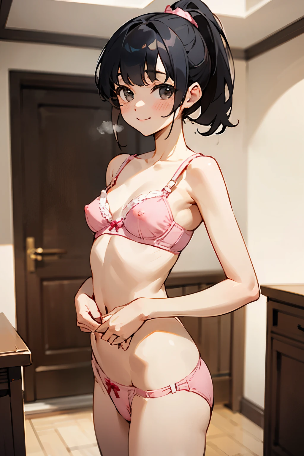 NSFW、In the best quality、age girl standing in a room。In high resolution、Beautiful details、Quiet atmosphere。Black hair ponytail、Cute Smile.。Small breasts、Cute pink bra、Wearing cute pink panties。