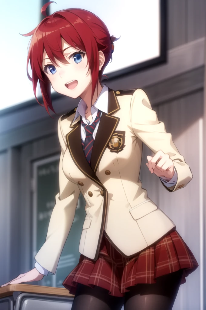 Highest quality, masterpiece, Very detailed,
Aoi Sakurai RW,
Open your mouth, A light smile,
blue eyes, Redhead, short hair, ミディアムshort hair,
school uniform, blazer, tie, Red Skirt, pantyhose,
Are standing, Looking at the audience,
classroom