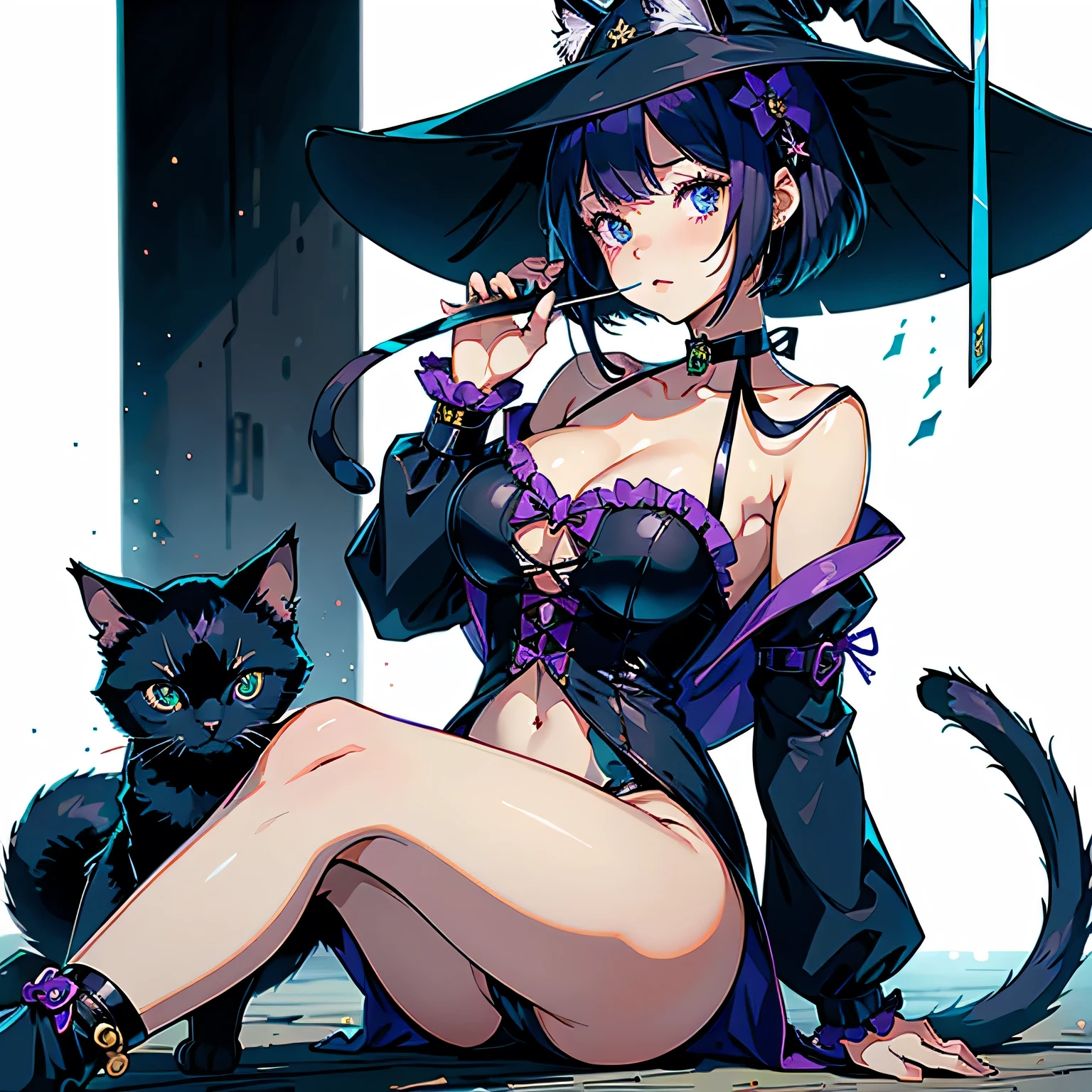 (highest quality, masterpiece, High resolution)、(anime art)、,cinematic light、soft light、girl、dark black hair、blue eyes, (Lucky cat costume)、(large purple witch hat)、Cat ears in hair、bob cut、hair ornaments、choker、embarrassed look、shy, humiliated, large E-cup milky breasts、lactating, (cat pose)、Cat jarashi、((white background))、
