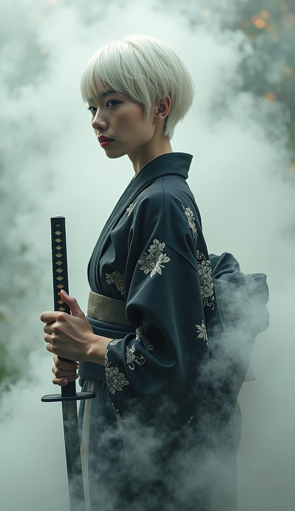 Wearing a black and white yukata and holding a sword、A beautiful Japanese woman with short white hair. Surrealism style. Pastel Tones. Mid Shot. Dramatic Light.whole body、Head to Toe