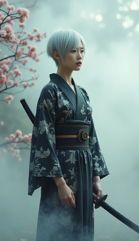Wearing a black and white yukata and holding a sword、A beautiful Japanese woman with short white hair. Surrealism style. Pastel Tones. Mid Shot. Dramatic Light.whole body、Head to Toe