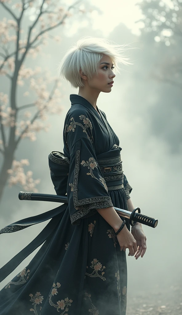 Wearing a black and white yukata and holding a sword、A beautiful Japanese woman with short white hair. Surrealism style. Pastel Tones. Mid Shot. Dramatic Light.whole body、Head to Toe