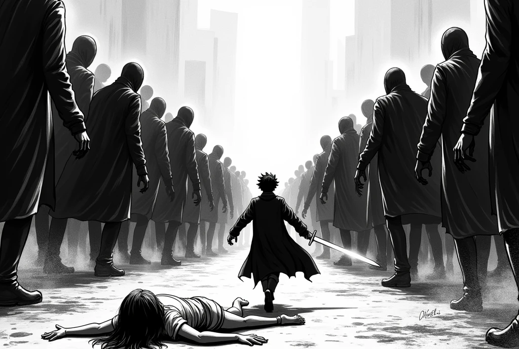 monochrome horror action manga panel which depicts: a cinematic back view, the camera sees the scene from the ground, dynamic sideways tilted camera, tilted horizon, dutch angle, harry potter, seen from the back, rushing against a massive crowd of dementors, massive crowd of dementors standing on the ground, massive crowd of dementors floating around harry and the girl, harry brandishes a glowing sword in his left hand, harry wields a wand on the right hand, the thip of the wand is glowing, an unconscious girl laying unconscious on the foreground with her back to the camera, outdoors, dramatic composition with perspective and foreshortening, rule of thirds, the vanishing point is at the lower left corner of the image