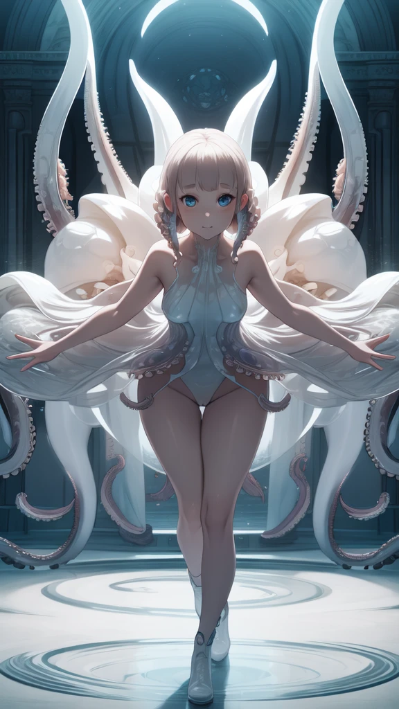 1girl, octopus white tentacles, (transparent), elegant, long white hair, (translucency), cutting-edge design, cinematic light, Biopunk AI, brilliance, look at viewer, character focus, science fiction, octopus skin, (full body), beautiful face, beautiful body, (sexually suggestive), sexy legs