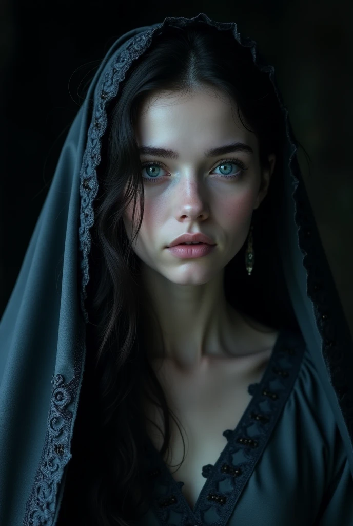 Photorealism、(black nightsky!!!!!! with visible stars background!!!!!), (dark lighting!!!!!!), Highest quality、Ultra-high resolution、The most beautiful lord of the rings young!!!!!  arwen、very beautiful!!!!!!! face details、small Breasts、thin、、Translucent white skin、Big bright blue eyes、dark hair、(frontal shot!!!!!), (head turned to the side!!!!!), (she is looking up!!!!), (body half in shadow!!!!!!), ( beautiful detailed elf gown!!!!!), (beautiful detailed veil!!!!!!), (mouth slightly open!!!!!), contraposto!!!!!
