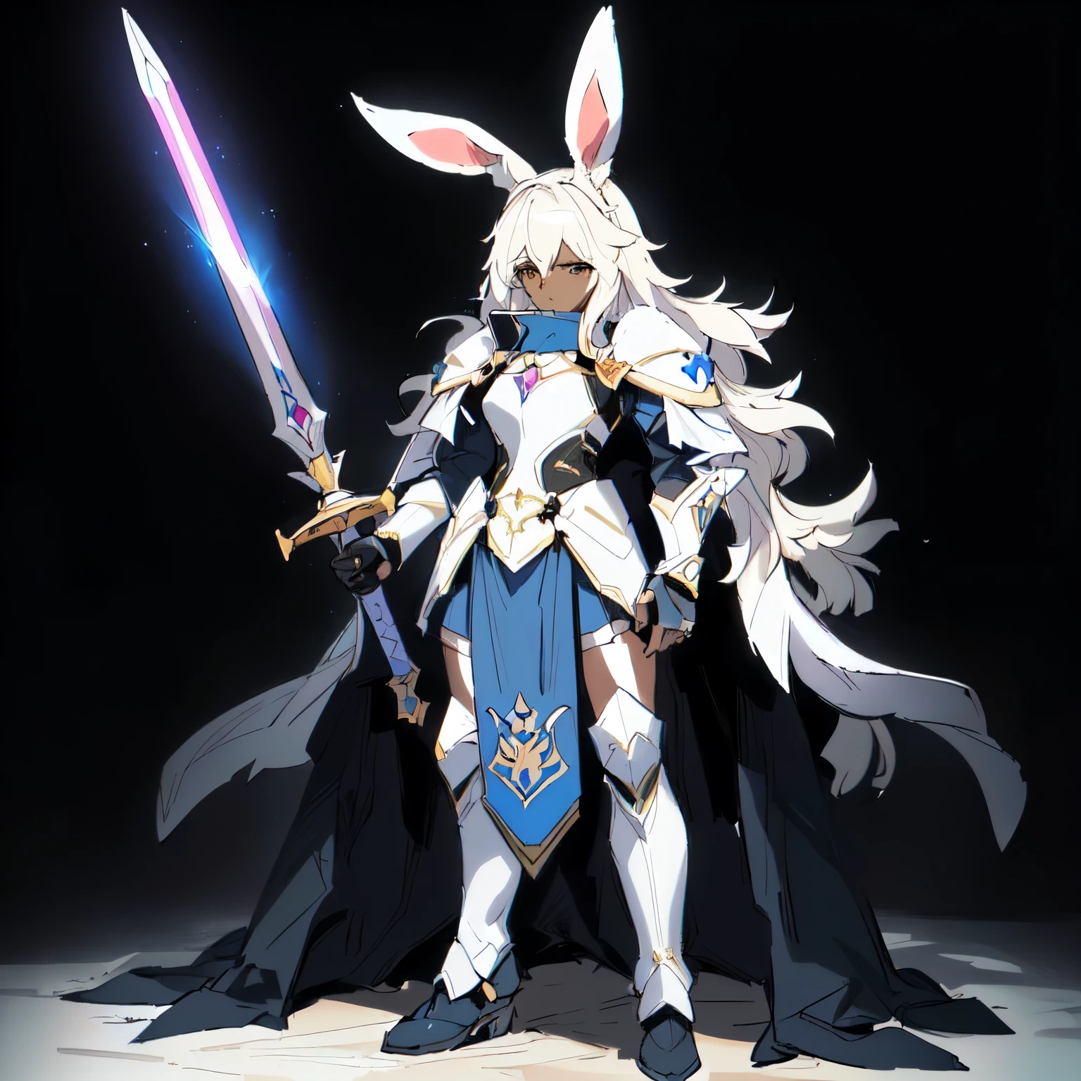 anime character dressed in bunny ears holding a sword and wearing a cape, rabbit warrior, knights of zodiac girl, bunny with helmet and sword, rabbt_character, full portrait of magical knight, ( ( character concept art ) ), official character art, from arknights, portrait knights of zodiac girl, white rabbit, with large sword, anime character art, arknights, dark skin