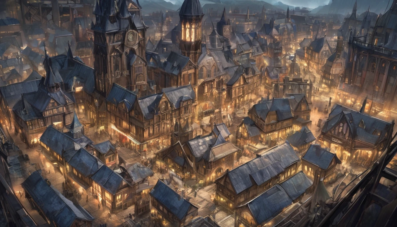 aerial view, epic scene, stage lighting, A Victorian-era town with a touch of fantasy scenery. Fabrica industrial.