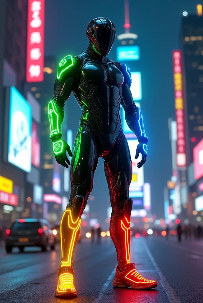 Man with a black robot suit with a green arm, a blue arm, a red leg and a yellow leg