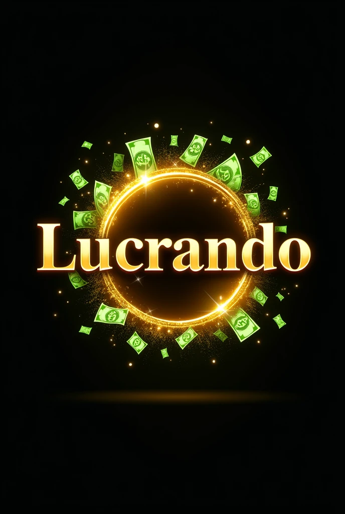 Profile logo with a golden circle displaying the name "Lucrando" on the screen with the money symbol and several money emojis.