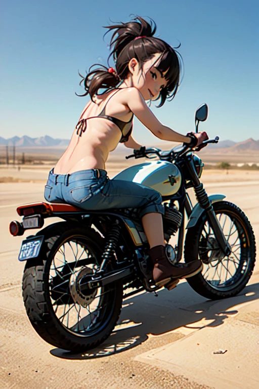 (masterpiece, Highest quality, Highest quality),A small young girl，Baby Face， alone，Very short stature，Flat Chest，Very thin limbs，smile，View your audience, dissected small motorcycle，boots，Gas station in the desert，From behind, ((Woman from Texas))，long shaggy curls，Fingerless gloves，(Bikini top and jean shorts), Sitting on a motorcycle, (From behind), (Live Action, Intricate details, Written boundary depth), Very detailed，Semi-realistic, I&#39;m 11 years old，short hair，(goggles)，whole body，