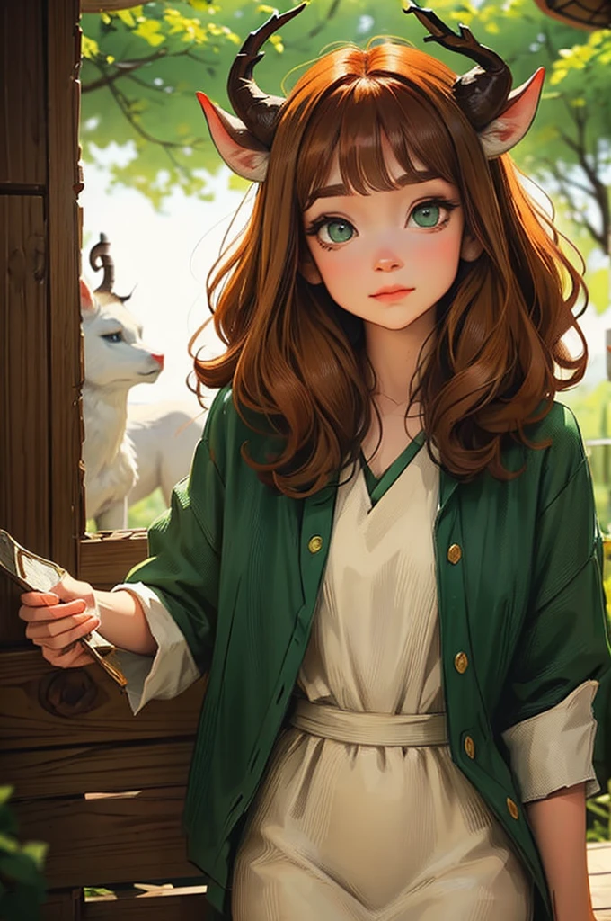 dungeons and dragons satyr. white deer horns. curly ginger hair. dark green eyes. casual clothes.
