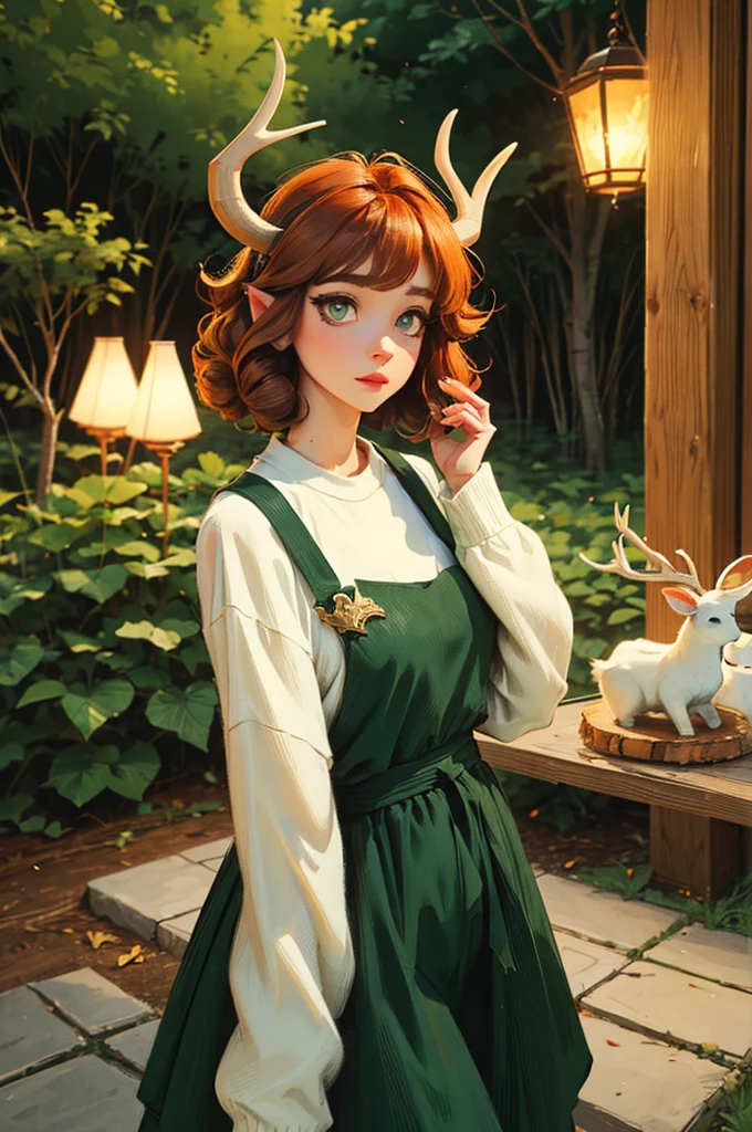 dungeons and dragons satyr. female. white deer horns. curly ginger hair. dark green eyes. casual clothes