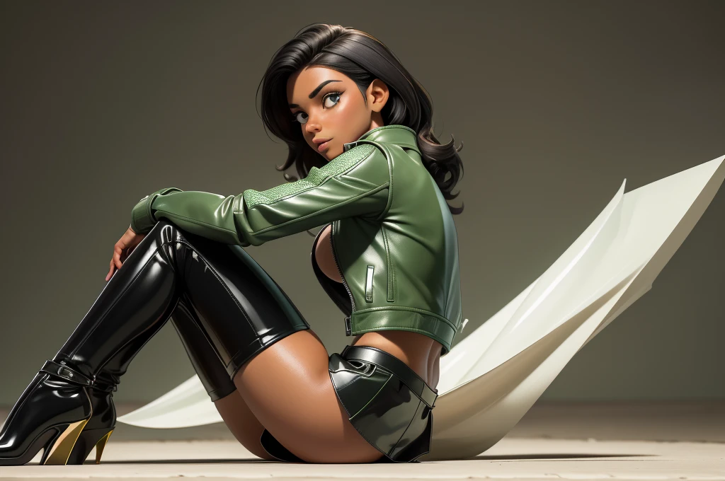 obra prima, melhor qualidade, ((only one woman,)) ((emily compagno, dark tan skin, straight black hair,)) erect cone tits, ((wearing shiny cream leather biker moto jacket,)) ((jacket has padded shoulders, jacket has stiff high collar,)) (((wearing shiny green crumpled leather miniskirt,))) wearing louboutin heels, (no boots,) body is very skinny, ((sitting back, legs spread,)) ((camera front view of body,)) shallow depth of field, highres, HD, 8k, anatomically correct