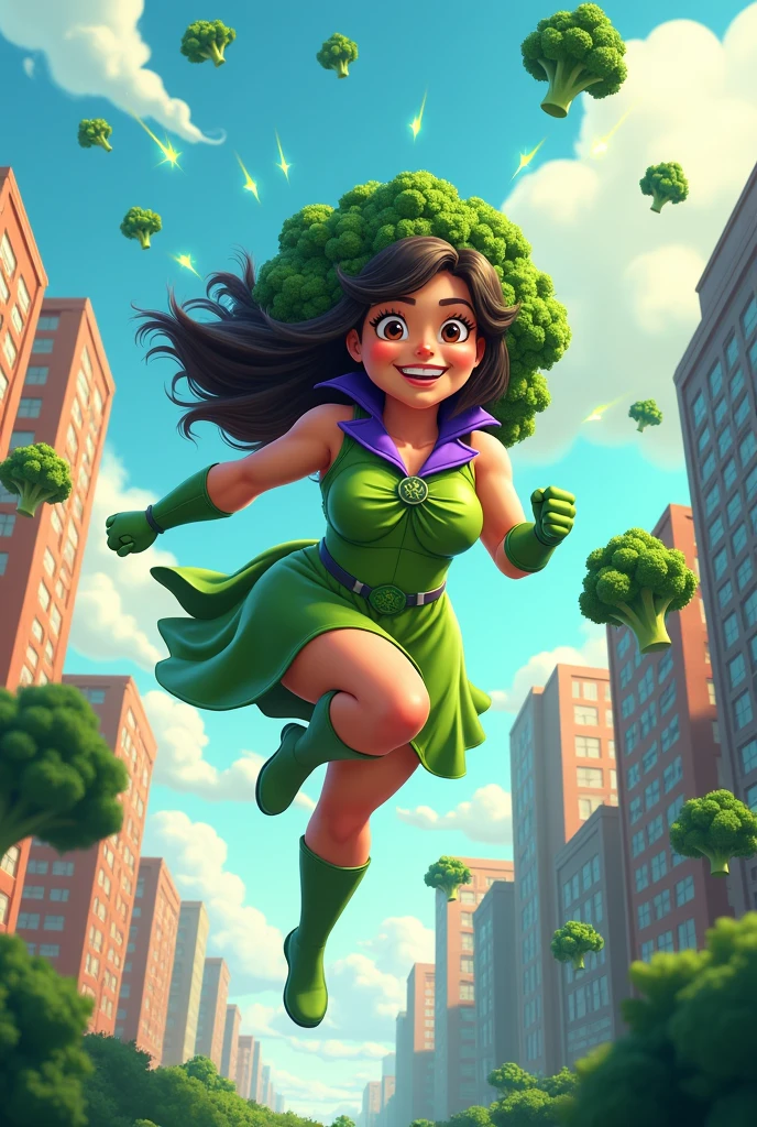 Create an overweight femile superhero by eating broccoli 
