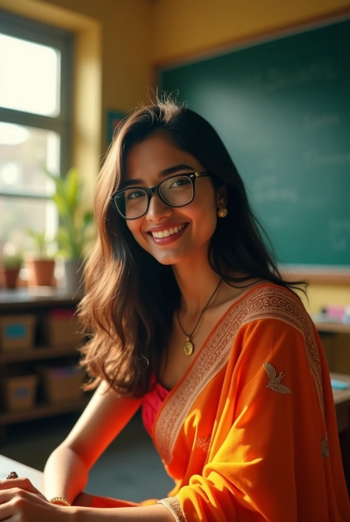 best quality)), ((masterpiece)), (high 8k detailed), Beautiful indian woman, thin saree,a woman in glasses sitting in front of a blackboard with a chalkboard, attractive girl, very beautiful girl, with a seductive smile, sexy girl, girl next door innocent look, friendly seductive smile, young and cute girl, cute seductive smile, seductive smile, indi sulta, handsome girl, hot with shining sun, teasing smile, beautiful girlfriend