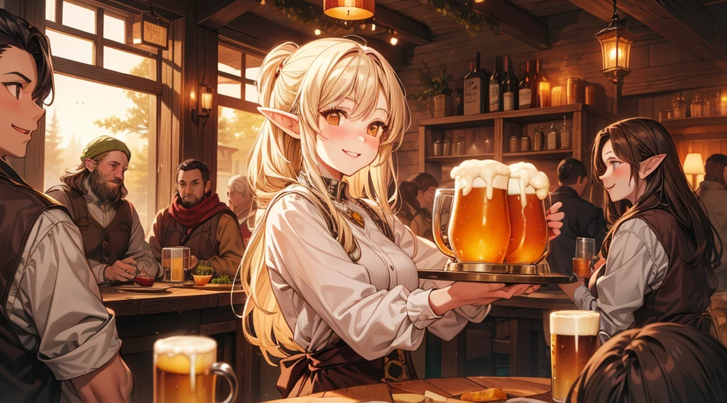 An illustrated scene set in a lively fantasy tavern at twilight. The focus is on a cheerful elf waitress, a young woman with long flowing hair and pointed ears, wearing a traditional tavern outfit. She is smiling warmly as she carries a large tray of mugs filled with beer, distributing them to a diverse group of patrons gathered around a round wooden table. The background shows a bustling tavern filled with various races, including humans, dwarves, and elves, all engaged in lively conversation. The setting is cozy, with a warm glow from lanterns and a large hearth, casting a soft, inviting light. The overall mood is vibrant yet warm, with a mix of soft browns, golds, and oranges to reflect the twilight hour.